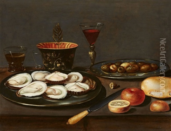 Still Life With Oysters And Olives Oil Painting - Jacob Fopsen van Es