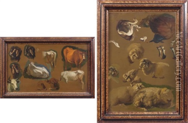 Moutons Et Chien De Berger (study)(+ Boeufs Et Boucs (study), Smllr; 2 Works) Oil Painting - Francesco Londonio