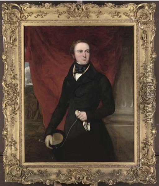Portrait Of Sir Creswell Creswell, Three-quarter-length, In A Black Coat, Holding A Top Hat, Gloves And Whip, A Red Curtain And Landscape Beyond Oil Painting - Sir Francis Grant