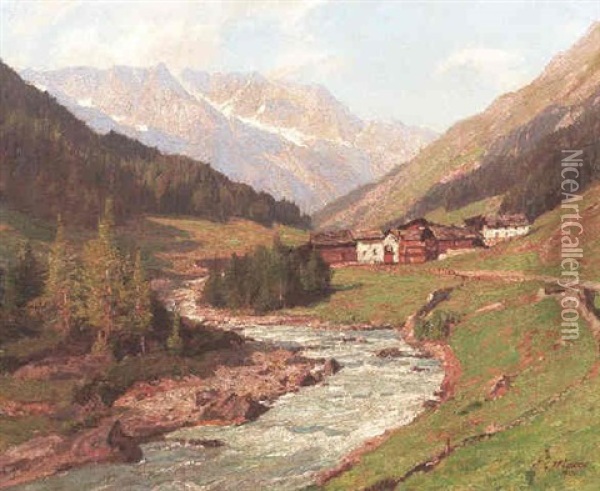 Dorf In Einem Schweizer Alpental Oil Painting - Georg Macco