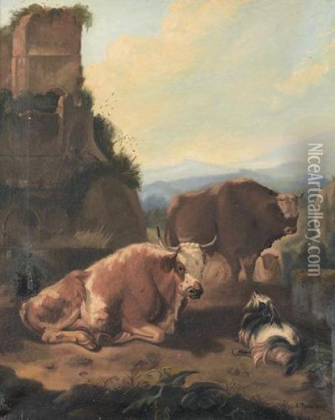 Zwei Kuhe Und Eine Ziege In Italienischer Landschaft. Oil Painting - Louis, Ludwig Reinhardt