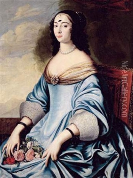 Portrait De Femme En Robe Bleue Oil Painting - Charles Beaubrun
