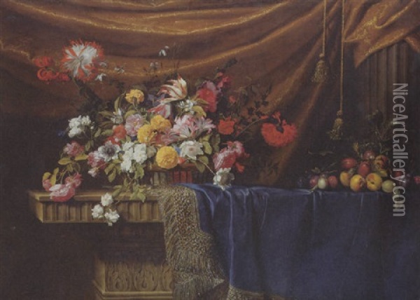 Tulips, Roses, Lilies And Other Flowers In A Basket, Plums On A Branch With A Snail And Peaches On Blue Velvet, Draped Over A Sculpted Stone Table Oil Painting - Jean-Michel Picart