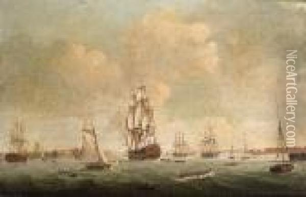 A 74-gun Third Rate Heading Out 
Of Portsmouth Harbour With Other Ships Of The Fleet Close-by Oil Painting - Robert Dodd