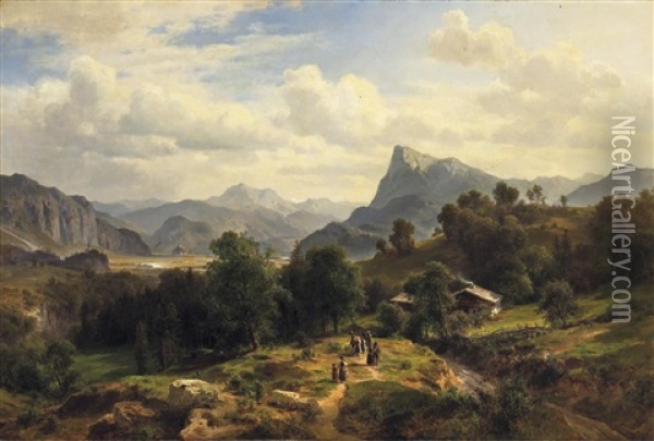 Groses Alpenpanorama Mit Blick Von Maienfeld In Graubunden Richtung Liechtenstein Oil Painting - Ludwig Georg Eduard Halauska