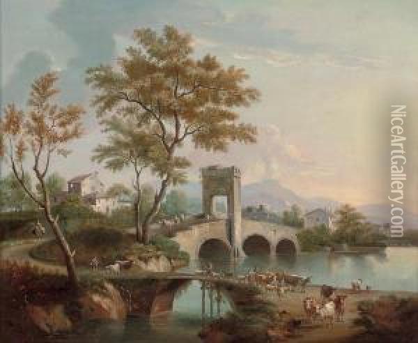 An Italiante Landscape With Drovers And Their Cattle Crossing A Bridge, A Volcano Beyond Oil Painting - Gianbattista Cimaroli