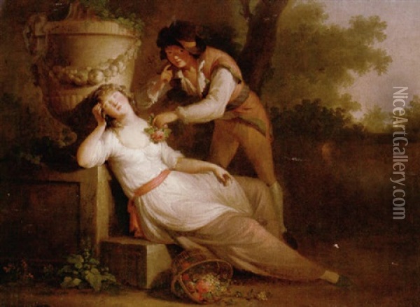 A Young Man Stealing Upon A Sleeping Girl Oil Painting - Martin Droelling