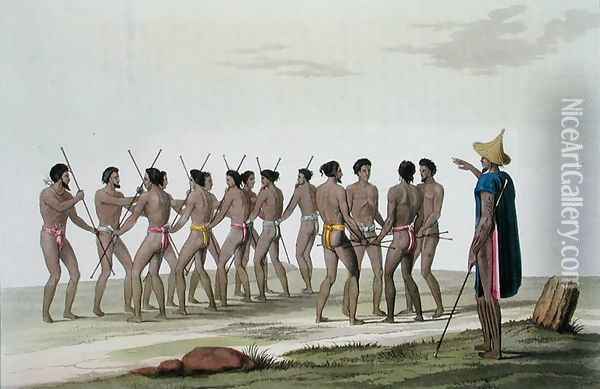 War Dance of the Caroline Islanders, plate 22 from Le Costume Ancien et Moderne by Jules Ferrario, published c.1820s-30s Oil Painting - Vittorio Raineri