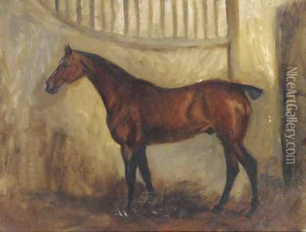 A bay horse in a stable Oil Painting - English School