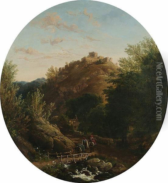 View Of Hilltop Fort, Figures On A Bridge In The Foreground Oil Painting - William Oliver