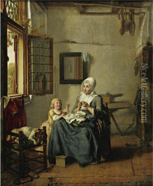 Interior With A Woman And Child Sewing By An Open Window, A Dog Asleep In A Chair Oil Painting - Wijbrand Hendriks