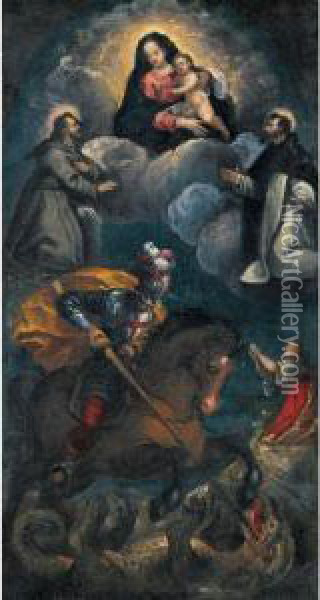 Madonna In Gloria Con San Domenico, San Francesco E San Giorgio Oil Painting - Ippolito Scarsella (see Scarsellino)
