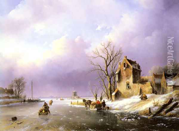 Winter Landscape with Figures on a Frozen River Oil Painting - Jan Jacob Coenraad Spohler