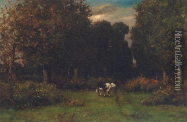 A Cow On A Path In A Wooded Landscape Oil Painting - Leonce Chabry