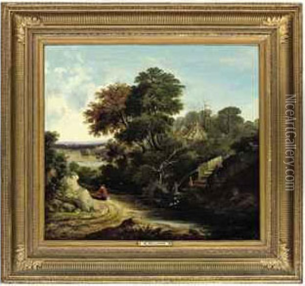 Figures By A Pond With Ducks, In A Wooded Landscape Oil Painting - Walter Williams