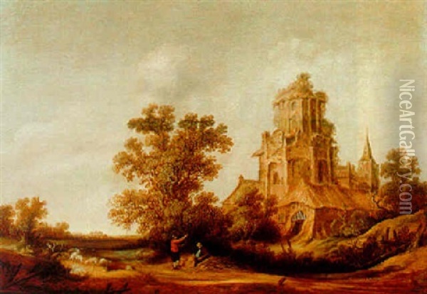 A Dune Landscape With Shepherds And Their Herds By A Ruined Tower Oil Painting - Reynier Van Der Laeck