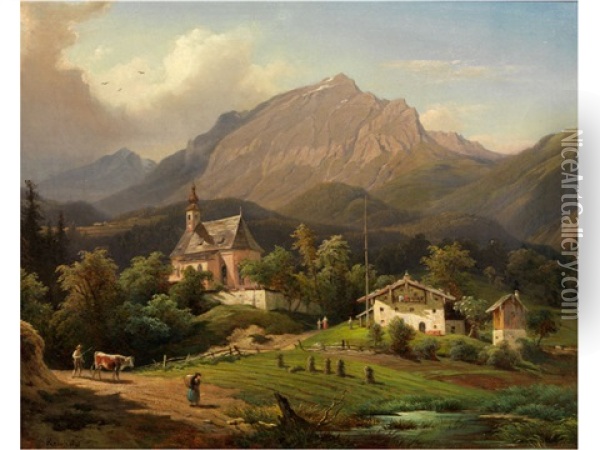 Blick Auf Ein Gebirgsmassiv Mit Davorliegender Kapelle Und Bauernhof Sowie Staffagefiguren Oil Painting - Franz Reinhold