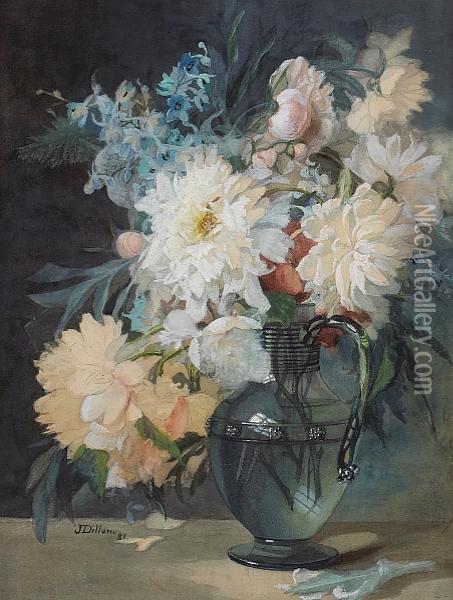 A Still Life With Peonies And Other Flowers In A Glass Vase Oil Painting - Julia Mcentee Dillon