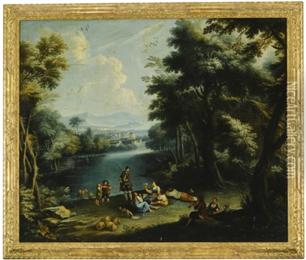 Three Pastoral River Landscapes With Figures At Work And At Rest (3 Works) Oil Painting - Giovanni Battista Cimaroli