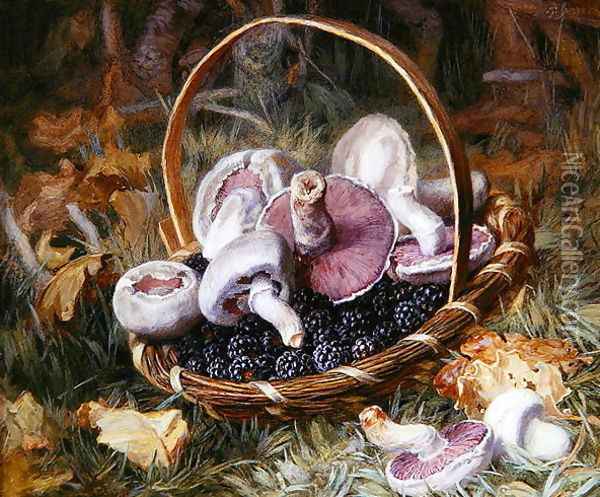 A Basket of Wild Mushrooms and Blackberries Oil Painting - Jabez Bligh