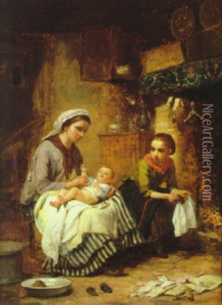 Kokkeninterior Med Moder, Pige Og Spaedbarn Oil Painting - Charles Auguste Romain Lobbedez