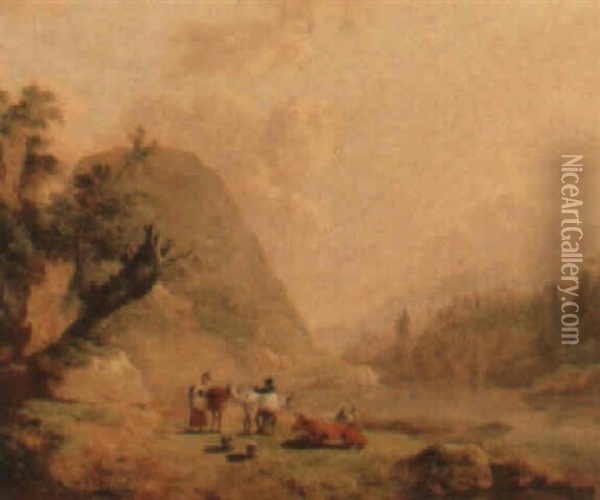 Landscape With Figures And Cattle By A River Oil Painting - Julius Caesar Ibbetson