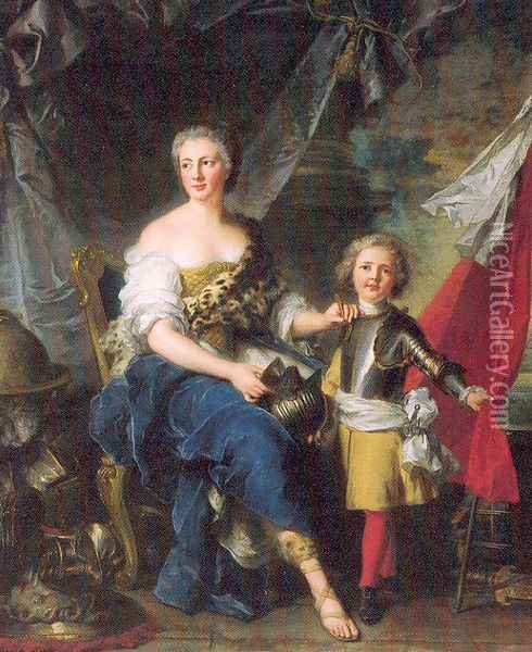 Mademoiselle de Lambesc as Minerva, Arming her Brother the Comte de Brionne 1732 Oil Painting - Jean-Marc Nattier