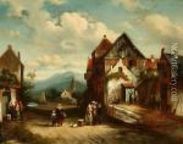 Attributed To Charles H. J. Leickert . Villagers On Street Oil Painting - Charles Henri Leickert