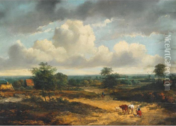 Return From Market In An Extensive Dutch Countryside Oil Painting - Barend Cornelis Koekkoek