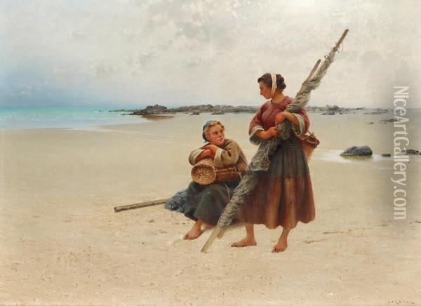 Oyster Picking, Brittany Oil Painting - August Wilhelm Nikolaus Hagborg