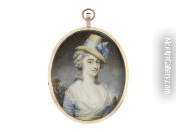 A Lady, Wearing Blue Dress, Pale Yellow Sash And White Fichu, Her Powdered Wig Worn A La Conseilleur And Secured With A White Bandeau Beneath Her Straw Hat Finished With Blue Ribbon Oil Painting - John Russell