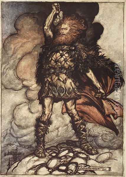To my hammers swing Hitherward sweep Vapours and fogs! Hovering mists Donner, your lord, summons his hosts, illustration from The Rhinegold and the Valkyrie, 1910 Oil Painting - Arthur Rackham