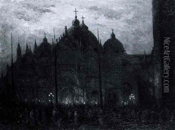 Numerous Figures In Front Of The San Marco, Venice, At Night Oil Painting - Etienne Marie Theodore Bosch