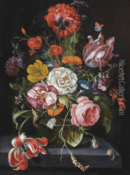 A Rose, Parrot Tulips, Morning Glory, Foxglove And Other Flowers Oil Painting - Jan Davidsz De Heem
