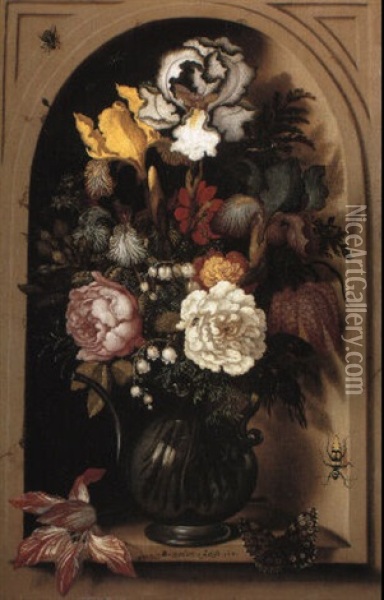 Bearded Irises And Other Flowers In A Pitcher In A Niche Oil Painting - Balthasar Van Der Ast