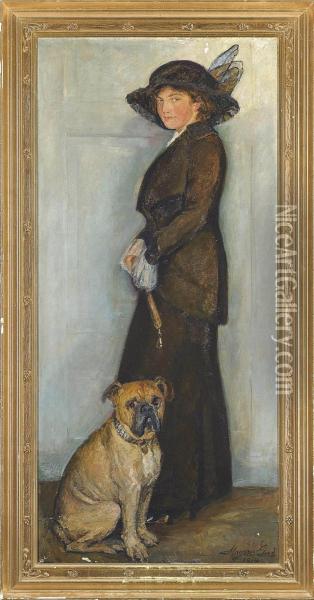 A Full Length Portrait Of An Elegant Lady With Her Dog Oil Painting - Mogens Gad
