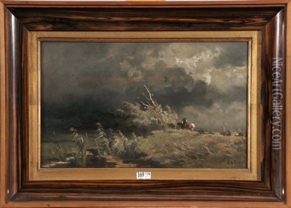 Effet D'orage Sur La Digue Du Wahaal (hollande) Oil Painting - Edmond De Schampheleer