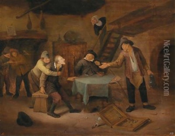 Quarrelling Backgammon Players In An Interior Oil Painting - Jan Steen