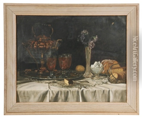 Still Life With Copper Toddy Warmer And Three Glasses On Tray Oil Painting - Franz Schmidt