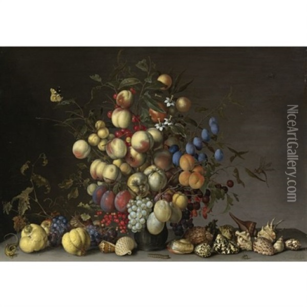 Peaches, Plums, Oranges, Apples, Cherries, Grapes, Red Currants, Black Currants, Crab Apples And Other Fruit In A Pewter Vase, With A Red Admiral, A Dragonfly And Other Insects, With Grapes And Other Fruit, Seashells, A Lizard, A Caterpillar And A Wasp On Oil Painting - Balthasar Van Der Ast