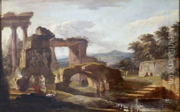Landscape With Antique Ruins By A River Oil Painting - Hubert Robert