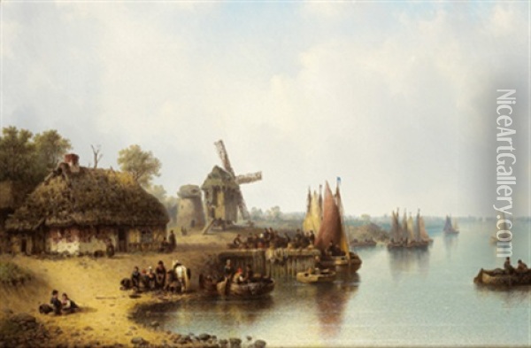 Hollandische Seelandschaft Mit Reicher, Figurlicher Staffage Oil Painting - Ludwig Hermann