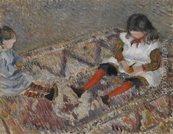 Jeanne Dite Cocotte, Et Ludovic Rodolphe Pissarro Sur Un Tapis Oil Painting - Camille Pissarro