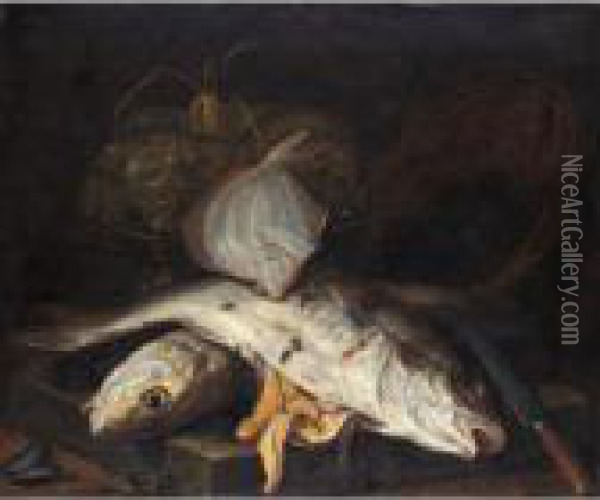 Still Life Of Salt Water Fish On A Stone Floor, With Mussels And Squid In Wicker Baskets Oil Painting - Jakob Gillig