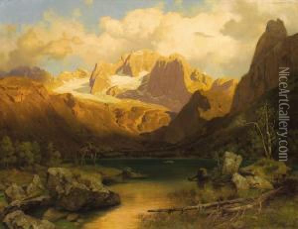 View Of An Alpine Mountain Top Oil Painting - August Wilhelm Leu