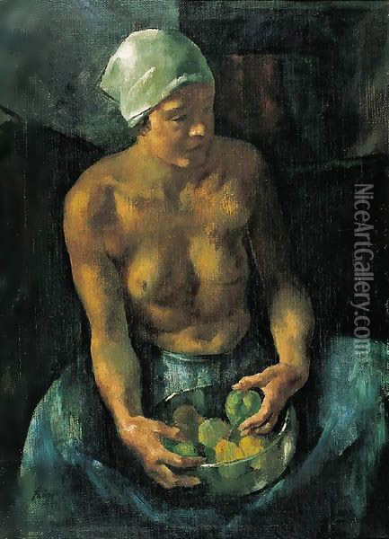 Girl with Apples (Half Nude with a Bowl of Fruits) 1921 Oil Painting - Istvan Desi-Huber