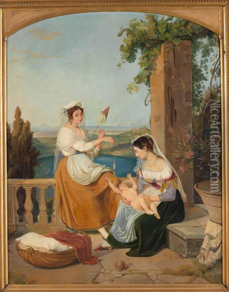 Familjebild Pa Terrassen Oil Painting - Albert Kuchler