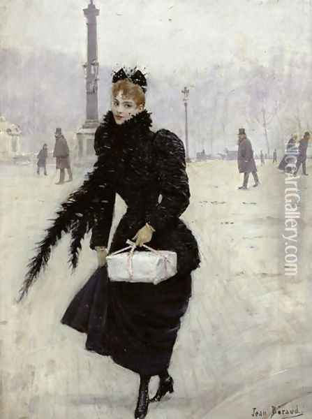 Parisian woman in the Place de la Concorde c.1890 Oil Painting - Jean-Georges Beraud