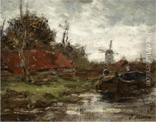 A Polder Landscape With Figures In A Boat Oil Painting - Jacob Henricus Maris
