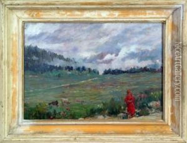 Paesaggio Di Montagna Con Pastorella Nei Pressi Di Asiago Oil Painting - Angelo Malinverni